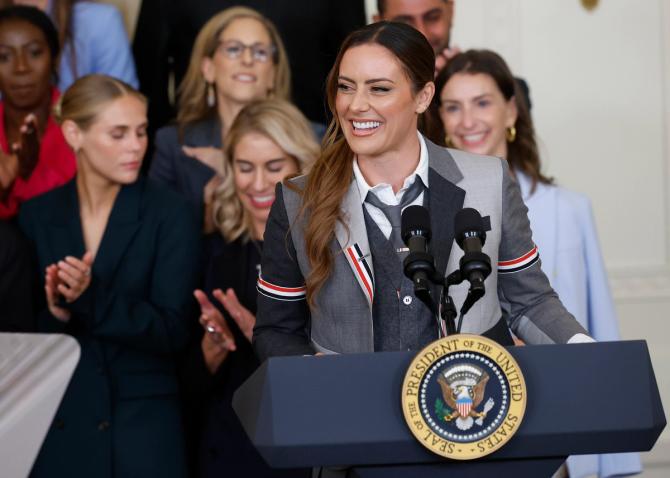 NJ/NY Gotham FC 2023 captain Ali Krieger delivers remarks during a ceremony where U.S. President Joe Biden honored Gotham for their 2023 National Women's Soccer League (NWSL) championship.