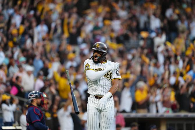 San Diego Padre Fernando Tatís Jr. celebrates after hitting a home run