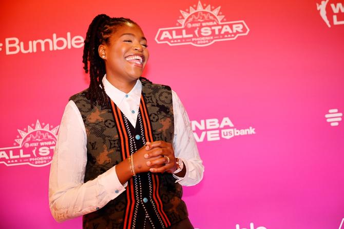 Jonquel Jones #35 of the New York Liberty walks the orange carpet during the 2024 WNBA All-Star Weekend at Phoenix Convention Center on July 18, 2024 in Phoenix, Arizona.