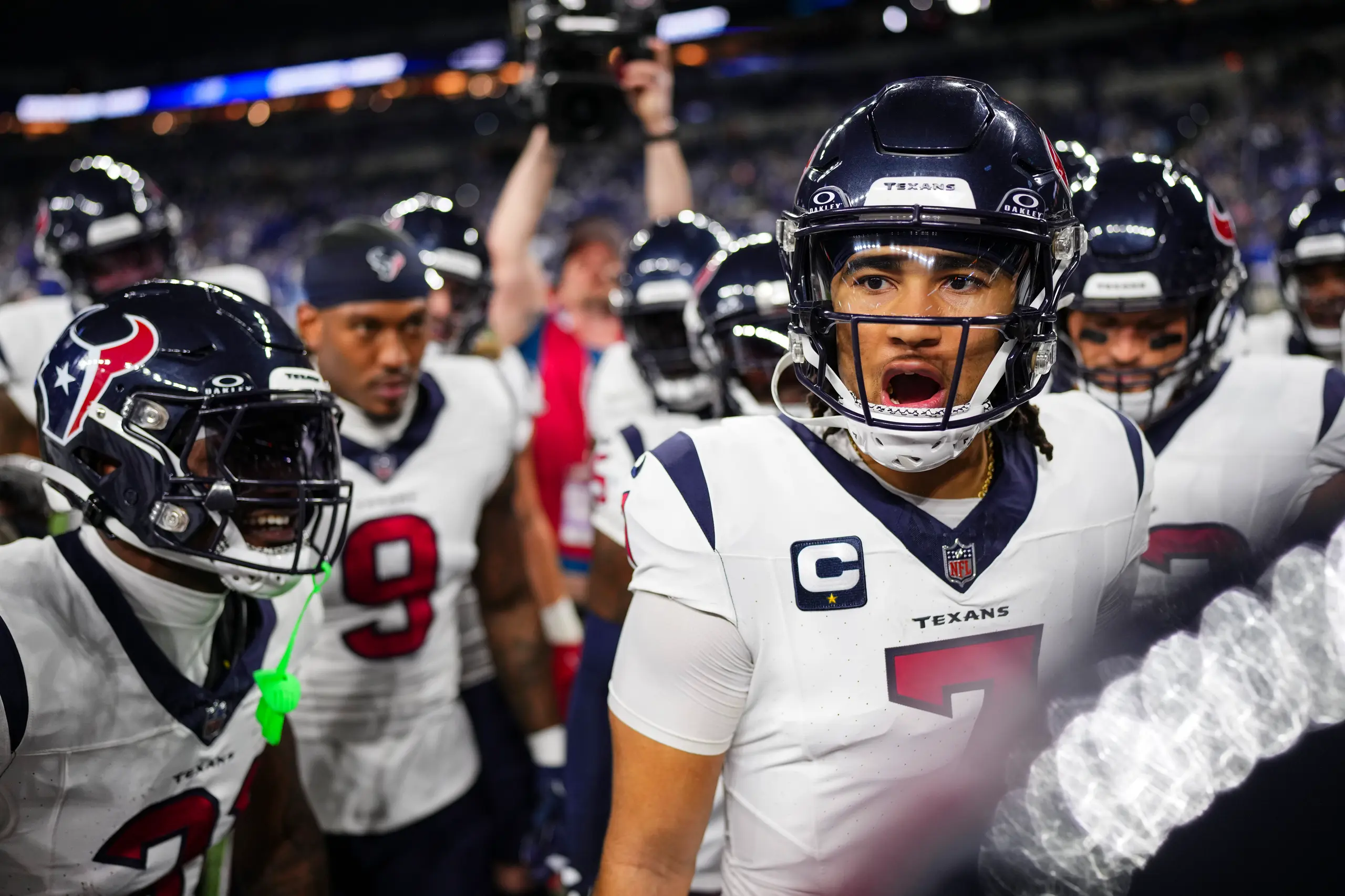 Houston Texans quarterback C.J. Stroud leads a huddle