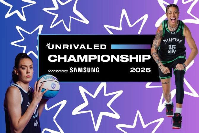Image featuring Natasha Cloud and Breanna Stewart that previews the 2026 Unrivaled championship. 