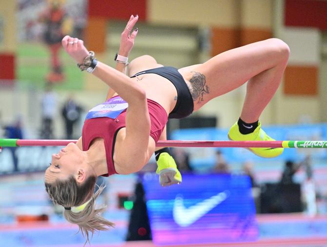Jordyn Bruce competes in the Women's High Jump competition of the pentathlon during the 2023 USATF Indoor Championships at the Albuquerque Convention Center on February 16, 2023 in Albuquerque, New Mexico.