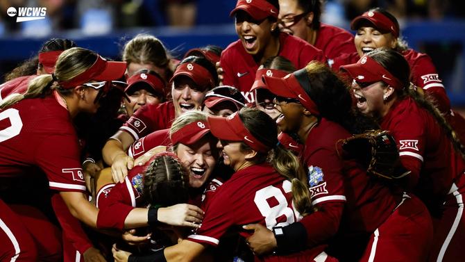 The No. 2–seed Oklahoma softball team celebrates their fourth straight national championship.
