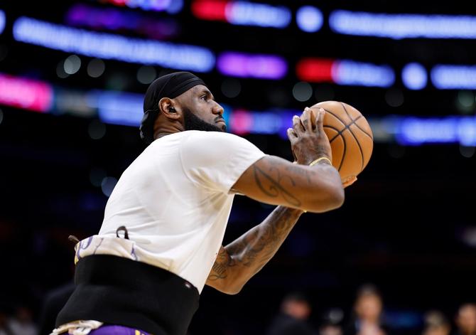 LeBron James #23 of the Los Angeles Lakers warms up before a game against Washington Wizards at Crypto.com Arena