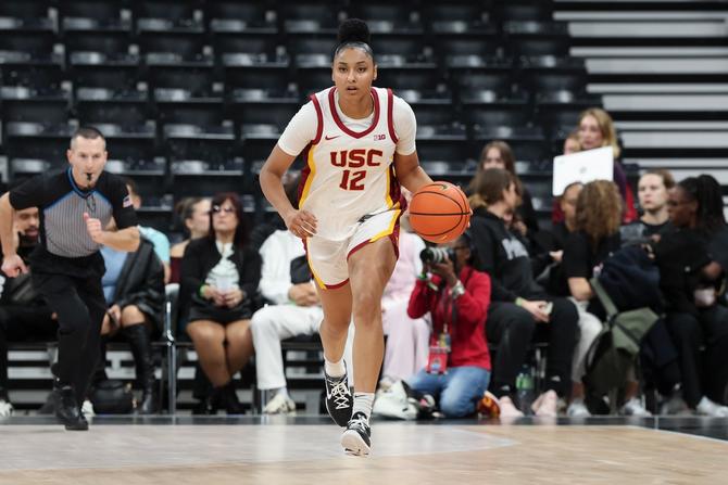 JuJu Watkins #12 of Team USC dribbles the ball during the AFLAC Oui Play game between USC and Ole Miss at Adidas Arena on November 4, 2024 in Paris, France.