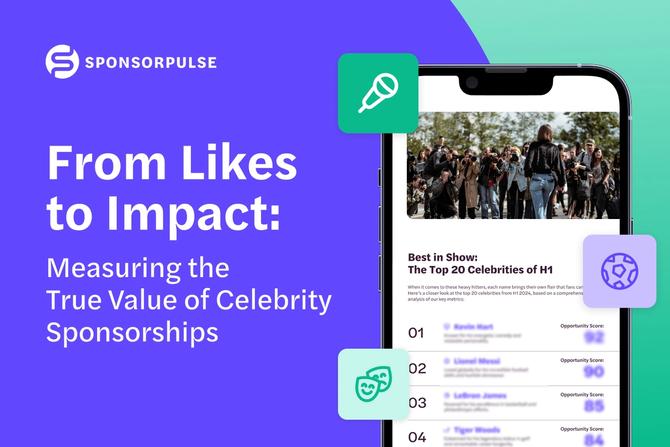 A purple and teal graphic that reads "From Likes to Impact: Measuring the True Value of Celebrity Sponsorships." There is a picture of a cellphone on the right.