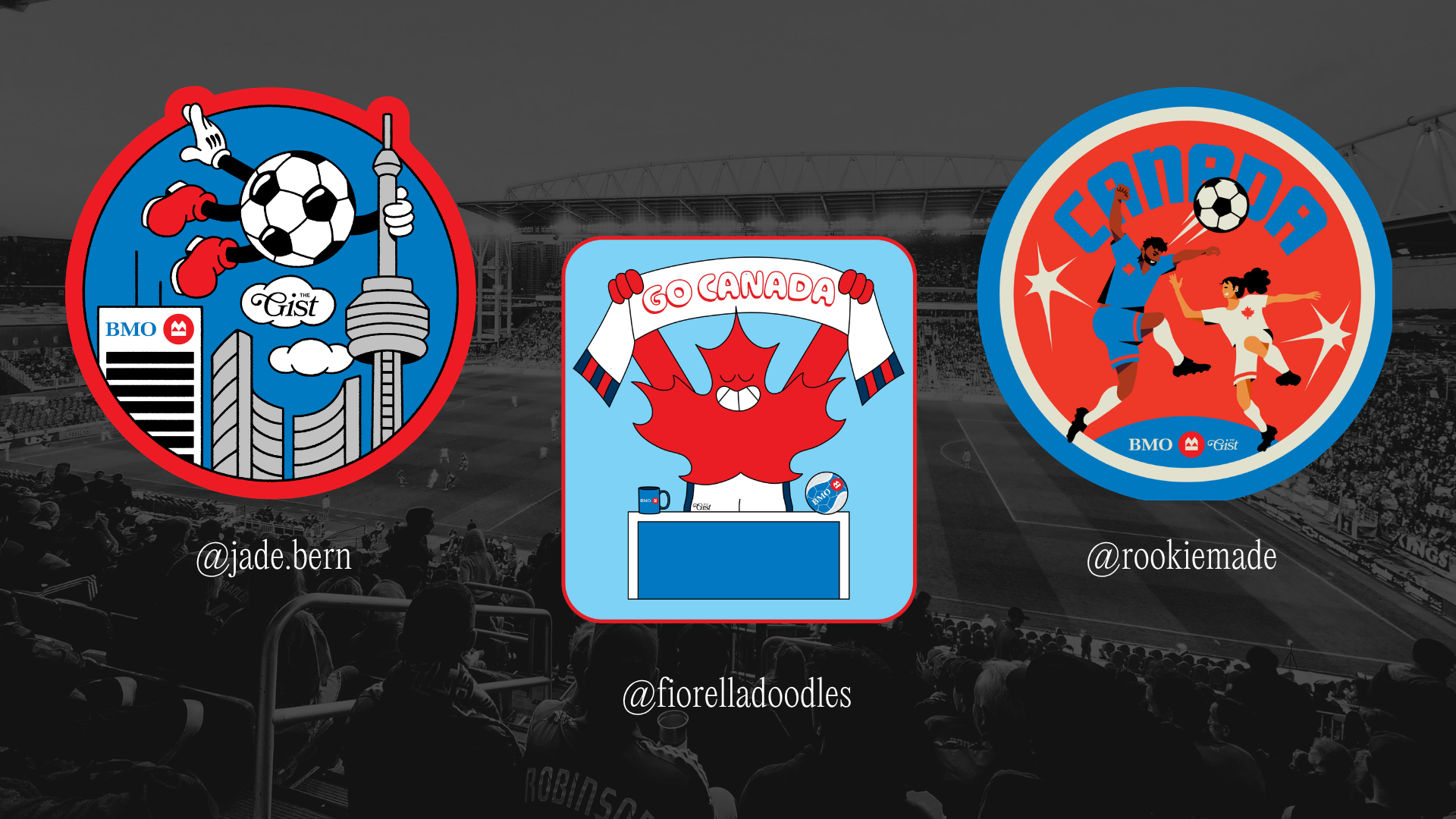 Three artist-designed soccer-themed sticker illustrations displayed over a stadium background.