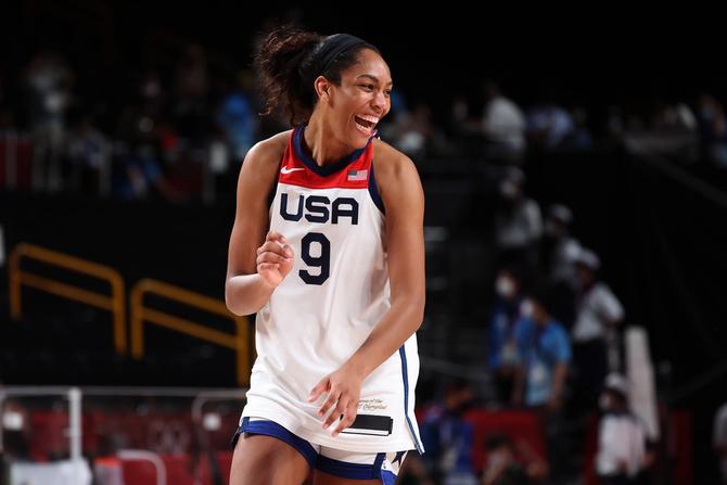 A'ja Wilson #9 of Team United States celebrates a win over Japan in the Women's Basketball final game on day sixteen of the 2020 Tokyo Olympic games at Saitama Super Arena on August 08, 2021 in Saitama, Japan.