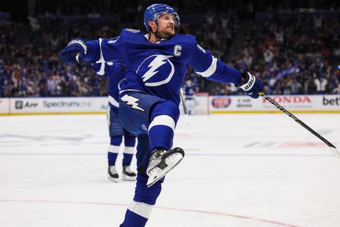 Steven Stamkos of the Tampa Bay Lightning celebrates a goal vs. the Florida Panthers in Game Four of the First Round of the 2024 Stanley Cup Playoffs.