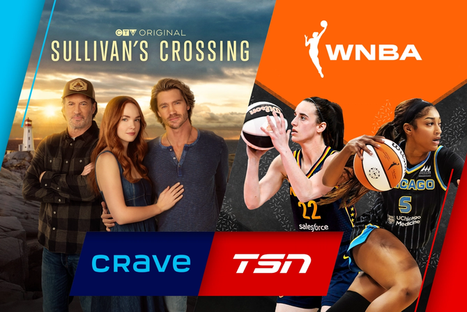 A graphic promoting Crave and TSN featuring Sullivan's Crossing and the WNBA