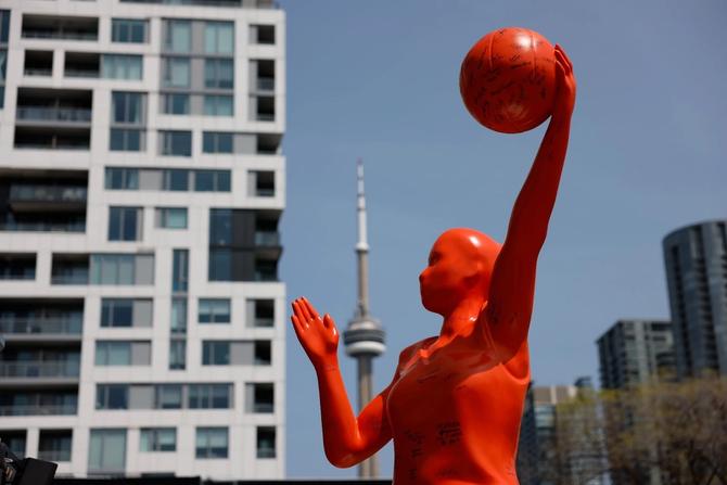 A 12-foot-tall sculpture of the WNBA logo at the Stackt Market in Toronto ahead of Canada's first WNBA game set for May 13, 2023.