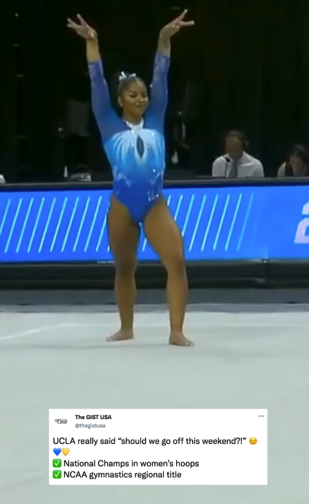 Jordan Chiles dropped a perfect 10 on floor, her 8th perfect score this season, to clinch UCLA’s regional title and punch their ticket to nationals. 💙💛⁣