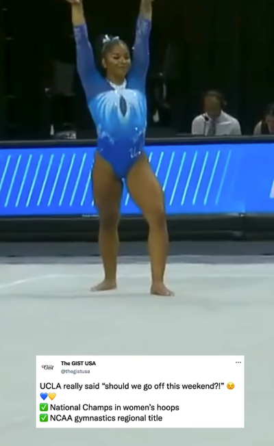 Jordan Chiles dropped a perfect 10 on floor, her 8th perfect score this season, to clinch UCLA’s regional title and punch their ticket to nationals. 💙💛