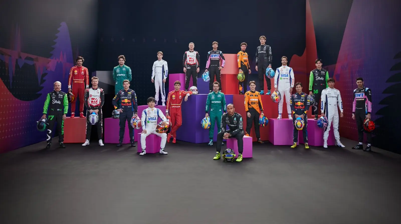 A group photo of all 20 drivers competing in the 2024 Formula 1 season.