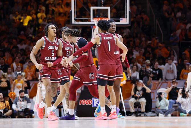 Unranked South Carolina men’s basketball celebrates a big road win over No. 5 Tennessee last night.
