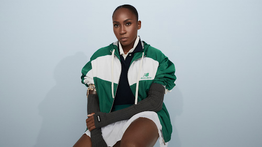 Tennis star Coco Gauff models clothing from a collaboration between New Balance and Miu Miu.