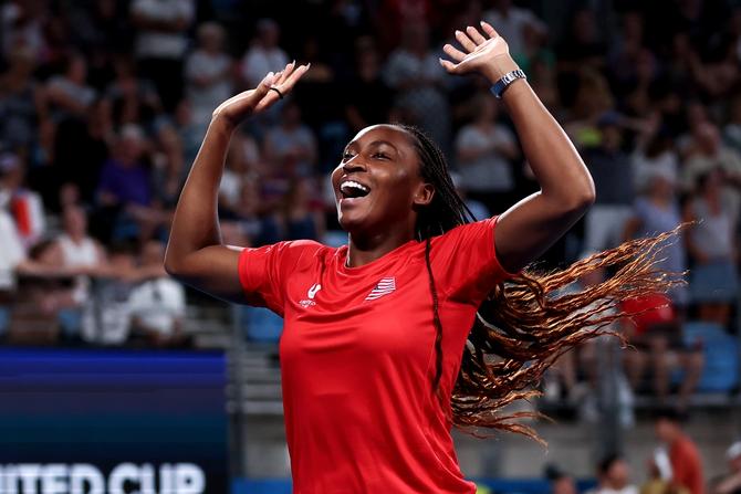 Coco Gauff of the United States celebrates following victory over Team Poland in the United Cup Final during day 10 of the 2025 United Cup at Ken Rosewall Arena on January 05, 2025 in Sydney, Australia.