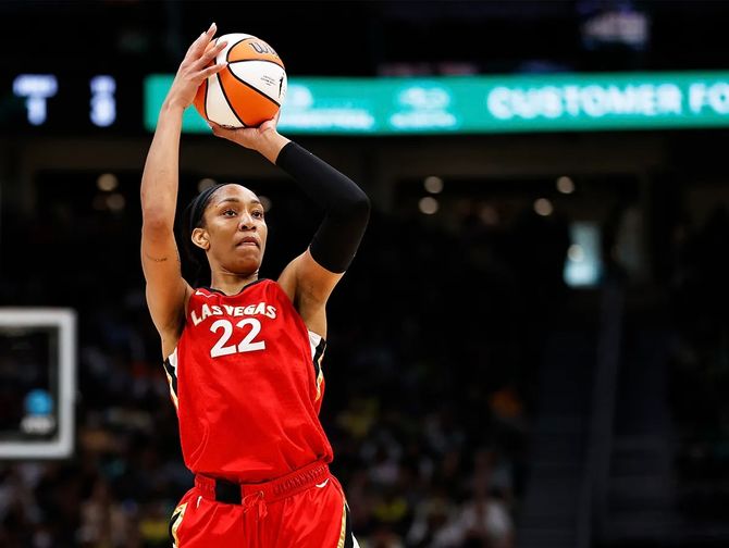 A’ja Wilson shoots the ball during a game.