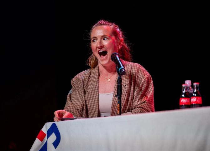 Sam Mewis talks on stage during a U.S. Soccer send off event with Men In Blazers at Webster Hall on July 8, 2024 in New York City, New York.
