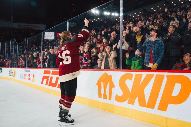 Sarah Lefort celebrating with the fans