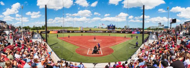 A view of the Athletes Unlimited softball field from behind home plate