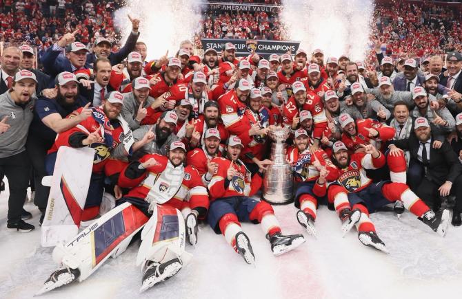 The Florida Panthers celebrate after winning the Stanley Cup