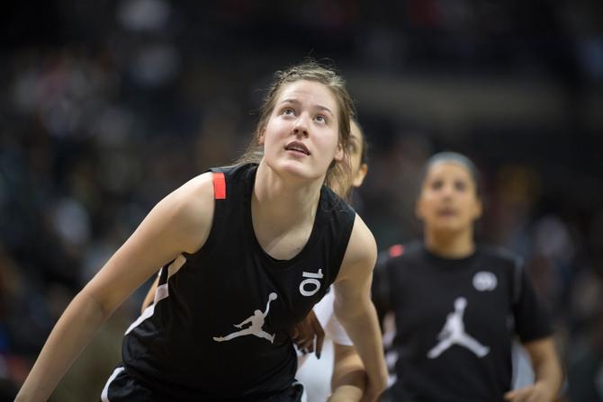 Sedona Prince #10 Liberty Hill H.S. Liberty Hill, TX in action during the Jordan Brand Classic, National Girls Teams All-Star basketball game. The Jordan Brand Classic showcases the best male and female high school basketball players who compete in the exhibition games at the The Barclays Center, Brooklyn, New York on April 08, 2018 in New York City.