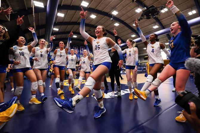 Pitt women’s volleyball team dances to celebrate winning their Regional on December 9, 2023.