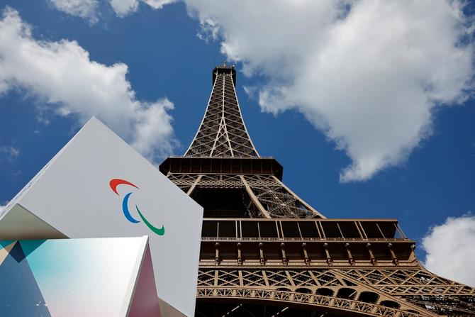 General signage sits at the Eiffel Tower ahead of the Paris 2024 Paralympics on August 25, 2024 in Paris, France.