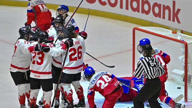 Team Canada celebrates after a goal at the IIHF Women’s World Championship.