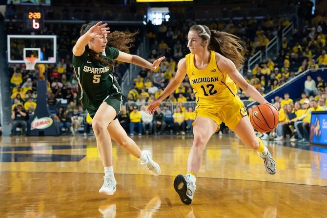 Michigan’s Syla Swords drives to the basket against MSU’s Emma Shumate.