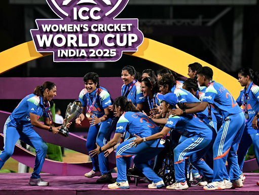 India's players celebrate after winning the ICC Women's Cricket World Cup 2025.