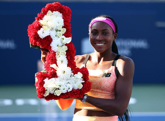 Coco Gauff of the United States becomes the new World Number One doubles tennis player following the doubles final of the National Bank Open, part of the Hologic WTA Tour, at Sobeys Stadium on August 14, 2022 in Toronto, Ontario, Canada.