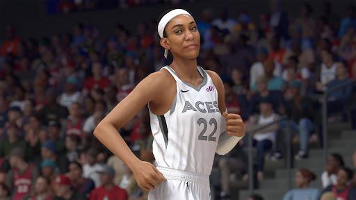 Las Vegas Aces player and NBA 2K25 cover athlete A’ja Wilson during gameplay.
