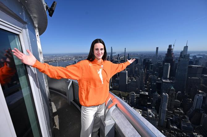 NEW YORK, NEW YORK - APRIL 15: Caitlin Clark at The Empire State Building on April 15, 2024 in New York City.