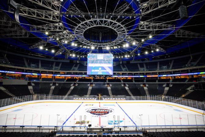 A general view of the rink at O2 Arena set up for the 2024 NHL Global Series Challenge