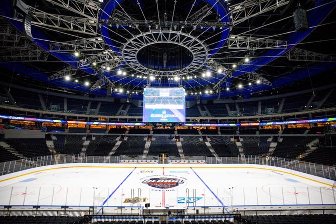 A general view of the rink at O2 Arena set up for the 2024 NHL Global Series Challenge