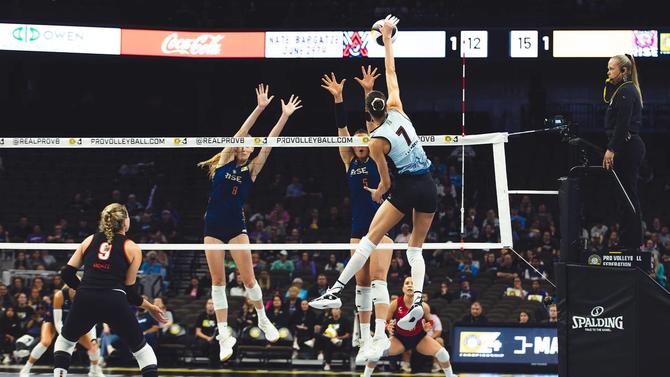 Pro Volleyball Federation (PVF) players compete during a match.