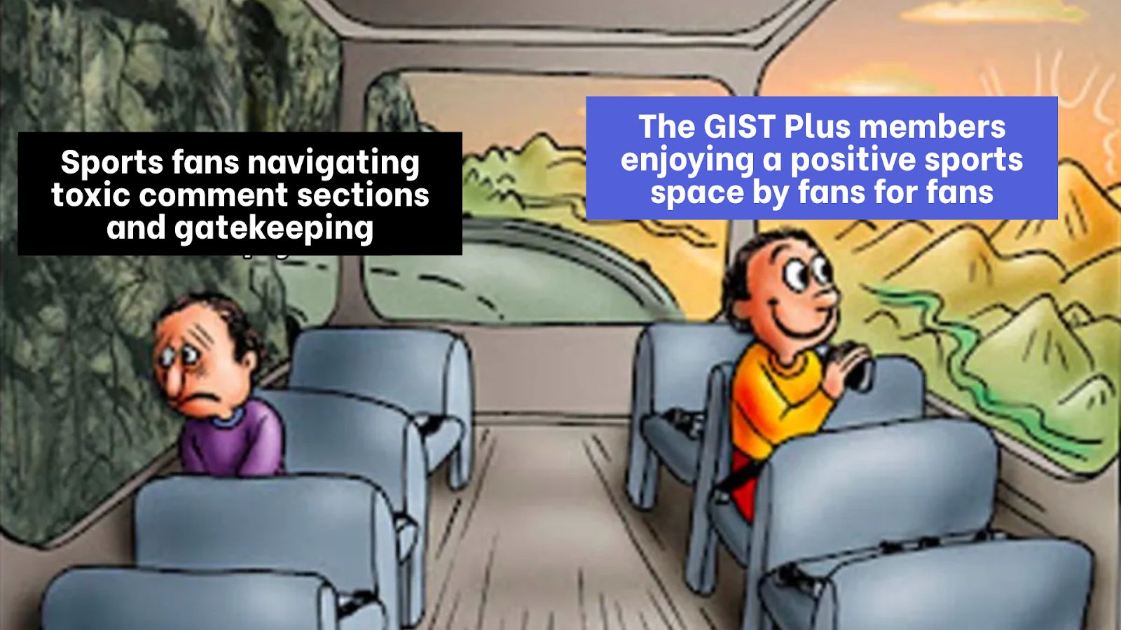 A meme of a sad person sitting on a bus and a happy person sitting on a bus