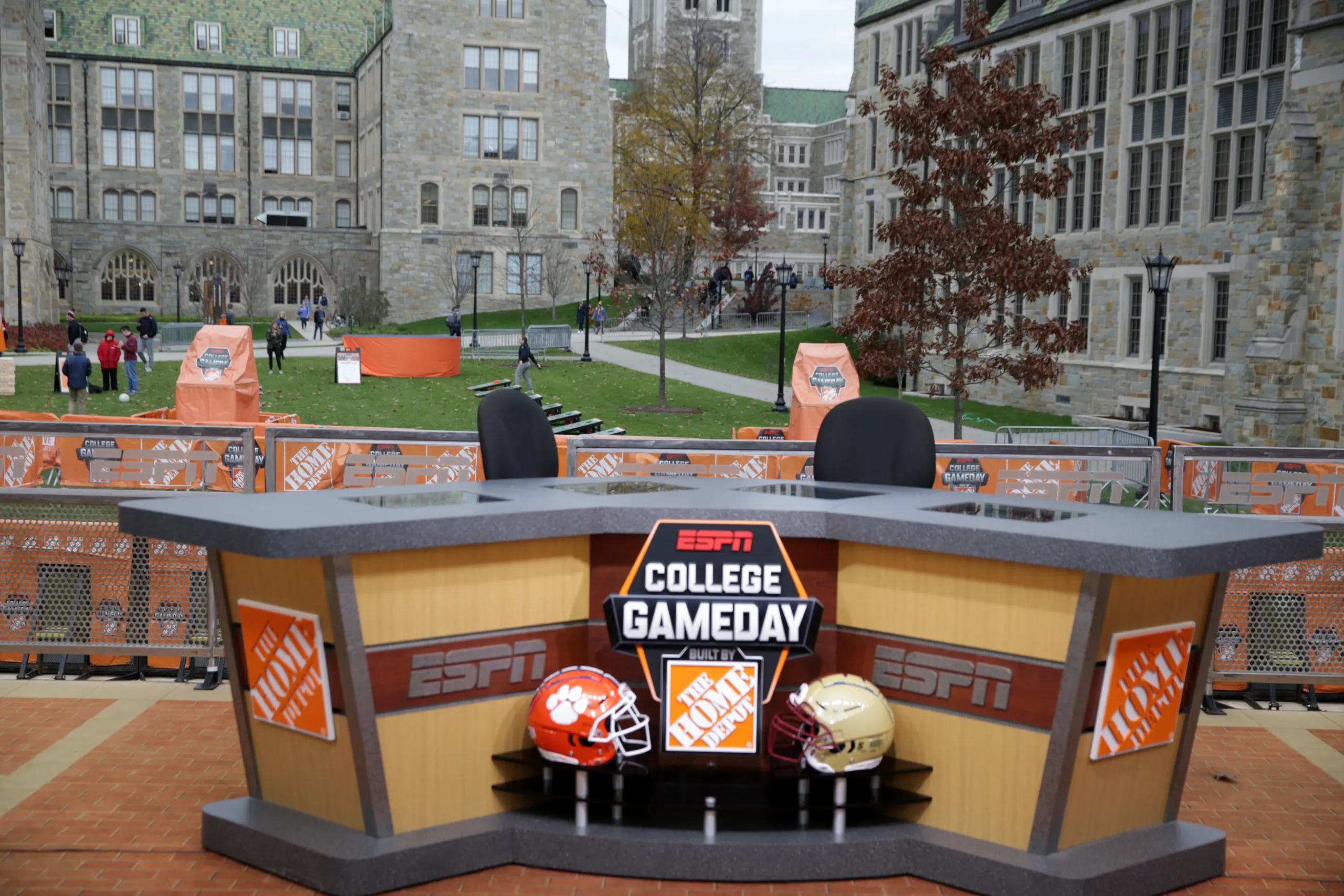 The ESPN College GameDay desk on the campus of Boston College. 