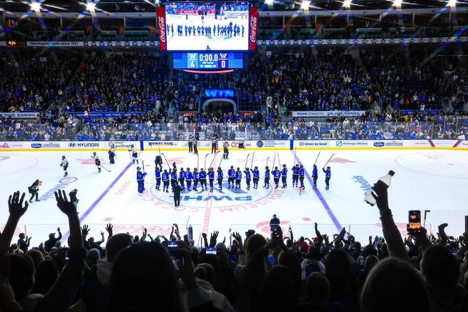 A crowd view of PWHL Toronto celebrating their Game 1 win over Minnesota