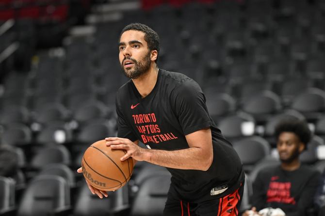 Toronto Raptor Jontay Porter warms up.