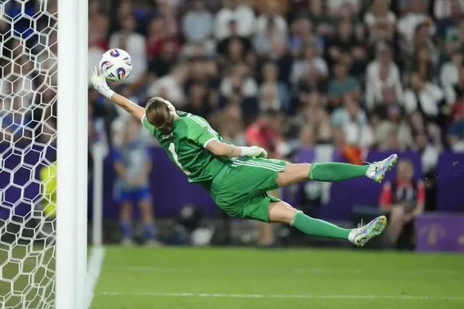 Germany goalkeeper Ann-Katrin Berger makes a critical save in the quarter-finals of the UEFA Women’s Euro.