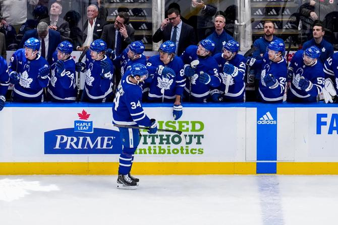 Auston Matthews #34 of the Toronto Maple Leafs celebrates his goal against the Florida Panthers during the first period