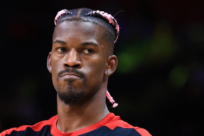 Jimmy Butler of the Miami Heat looks on before a game.