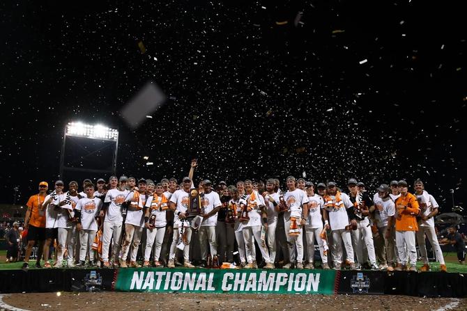 No. 1–seed Tennessee baseball celebrated their 2024 MCWS championship underneath falling confetti on Monday night.