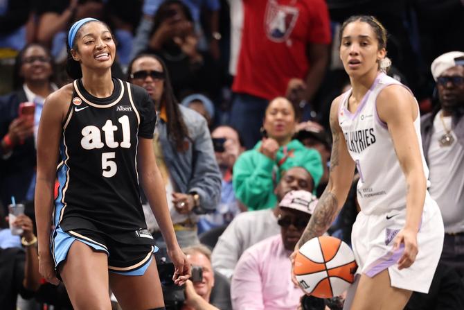 Angel Reese of the Atlanta Dream reacts in front of Gabby Williams of the Golden State Valkyries during the fourth quarter.
