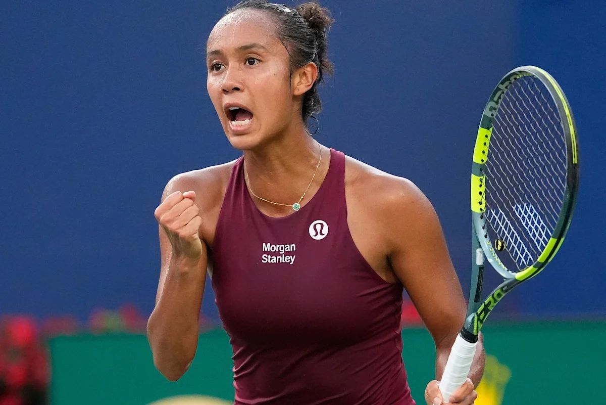 Leylah Fernandez reacts after winning a point against Renata Zarazua during round two play of the National Bank Open at Sobeys Stadium.
