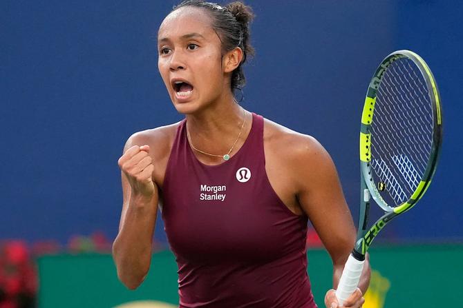 Leylah Fernandez reacts after winning a point against Renata Zarazua during round two play of the National Bank Open at Sobeys Stadium.