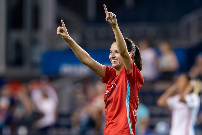 KC Current Forward Cece Kizer (5) celebrates after scoring the tying goal during the match between the Kansas City Current and the Chicago Red Stars on Saturday, June 18, 2022 at Children’s Mercy Park in Kansas City, KS.